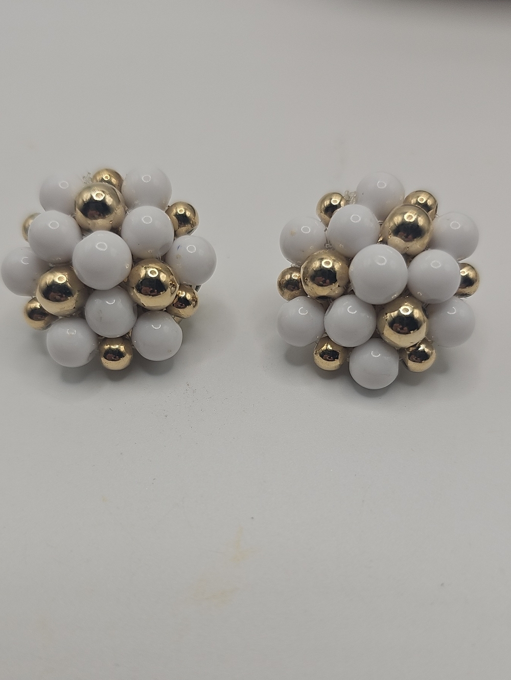 White and Gold Cluster Ball Stud Earrings - Women Jewelry. 1960 Wire Wraped..